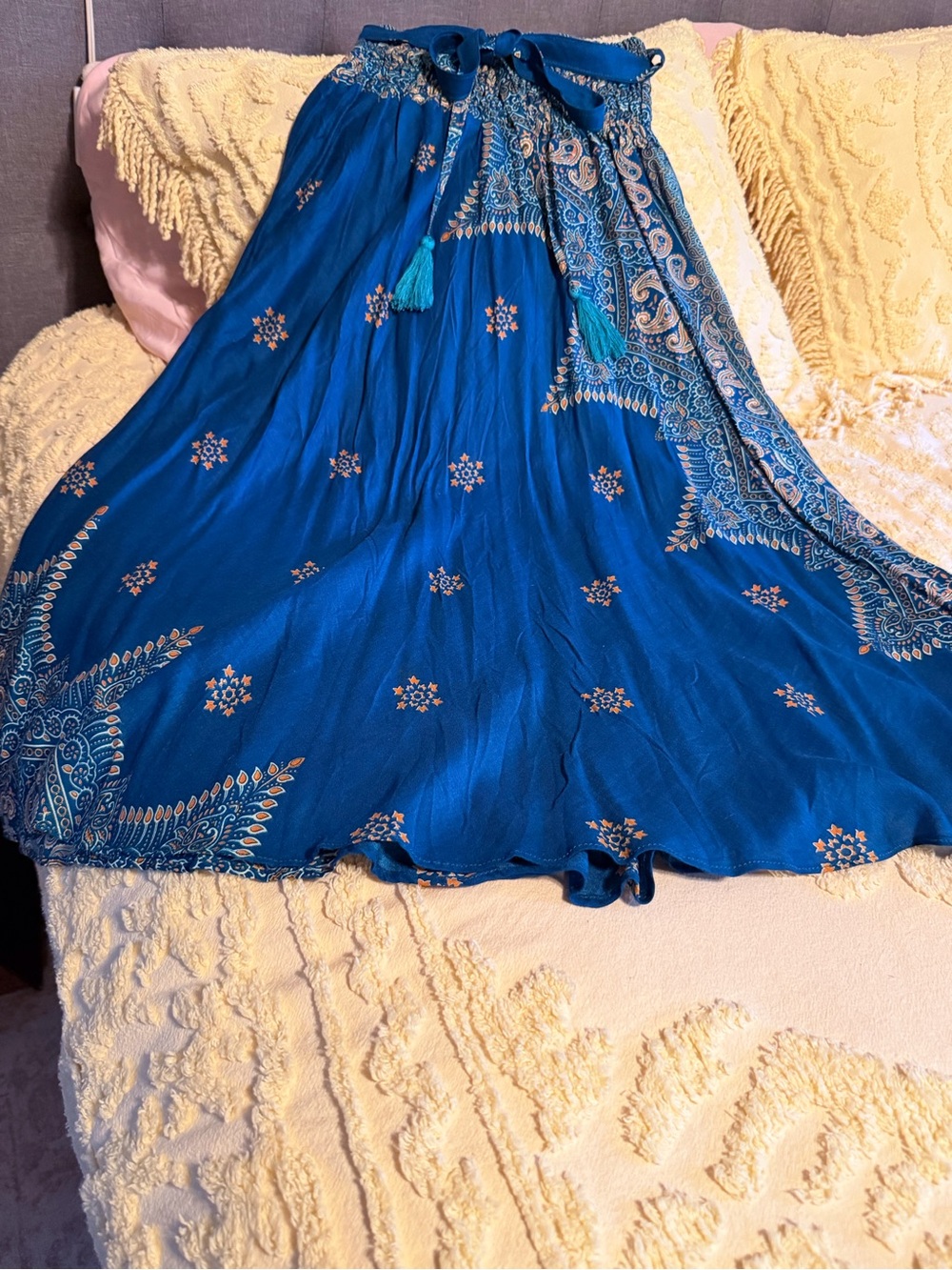 Bohemian A-Line Maxi Skirt in Royal Blue with Tassel Tie